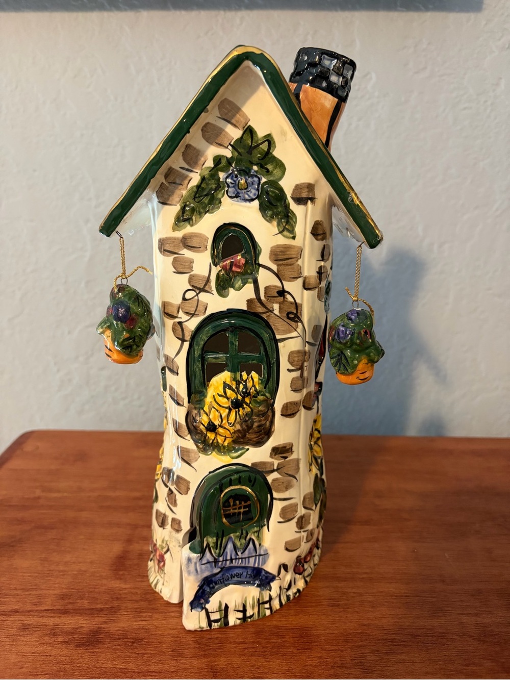 Hand-Painted Ceramic Cottage Sculpture in Cream and Green